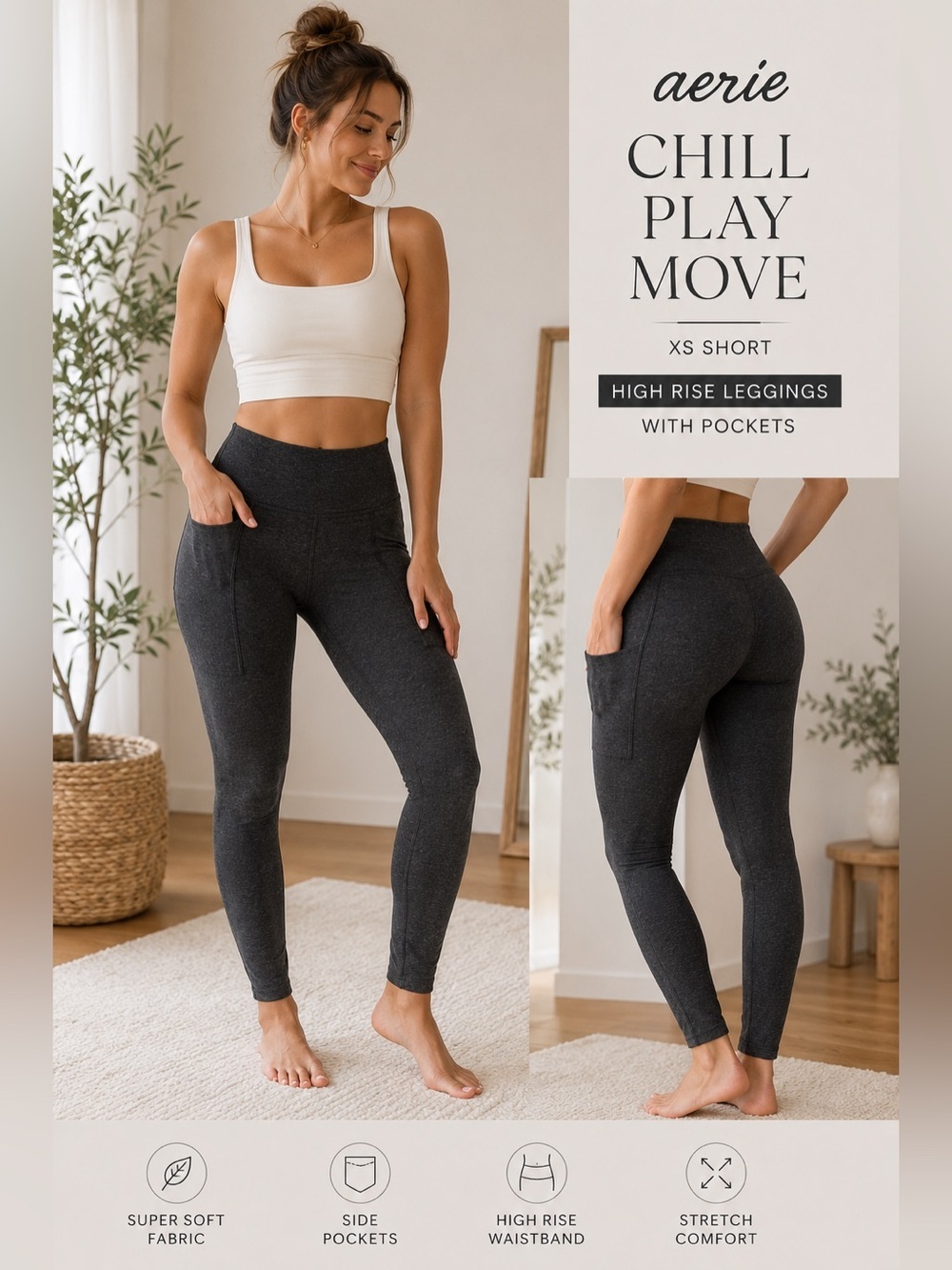 Aerie Chill Play Move Leggings XS Short Gray High Rise Pocket Yoga Pants